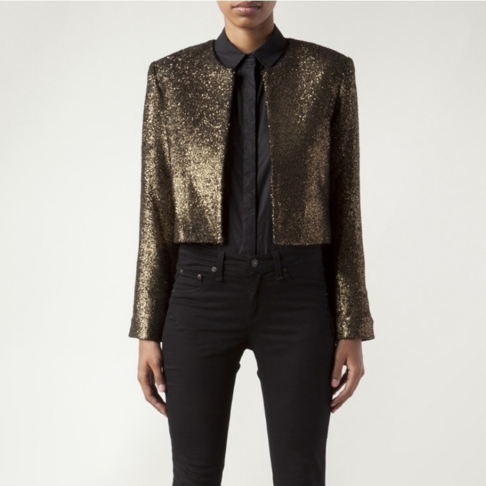Nili Lotan Gold Black Brocade Clasp Front Cropped Blazer Jacket